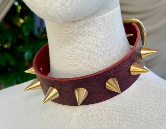 Wide Brass Spike Collar - Oxblood